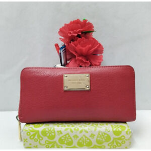 Michael Kors Red Leather Zip Around Credit Card Wallet